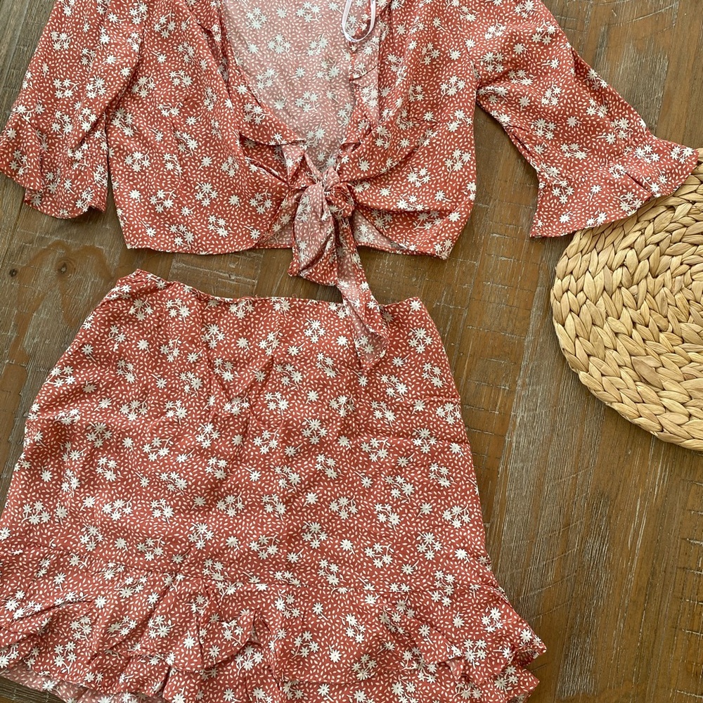 Lulu's Tie Front Crop Top Skirt Set